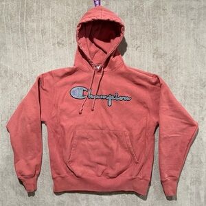 VTG 90s Champion Reverse Weave Men's Coral Hoodie Sweatshirt Med Spellout LOGO